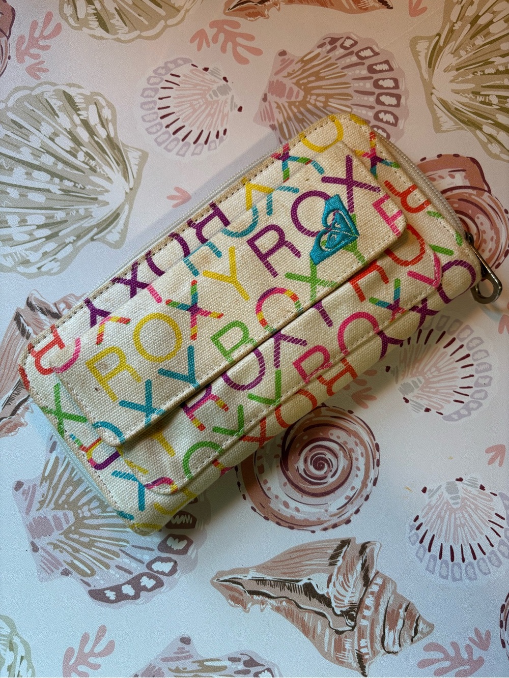 Roxy Cream Canvas Wallet with Multicolor Logo Print